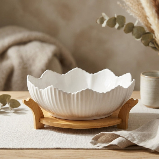 Oval Bowl with Wooden Stand 10 Inch